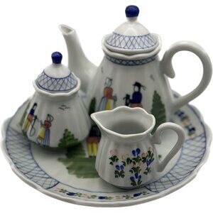 Hand And Heart Mini Tea‎ Serving Set Dutch Couple Blue/White Lattice Floral 4 Pc